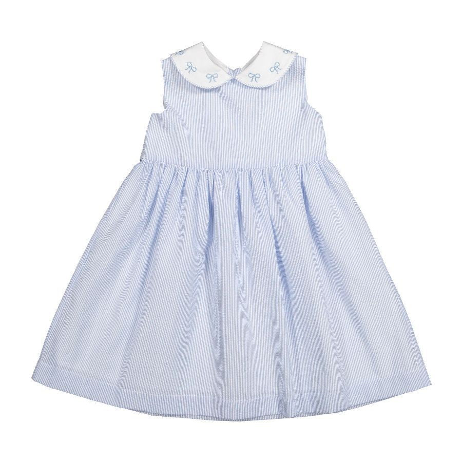 Sal & Pimenta Girls Blue Seersucker Sleeveless Dress - Embroidered Bows on Collar