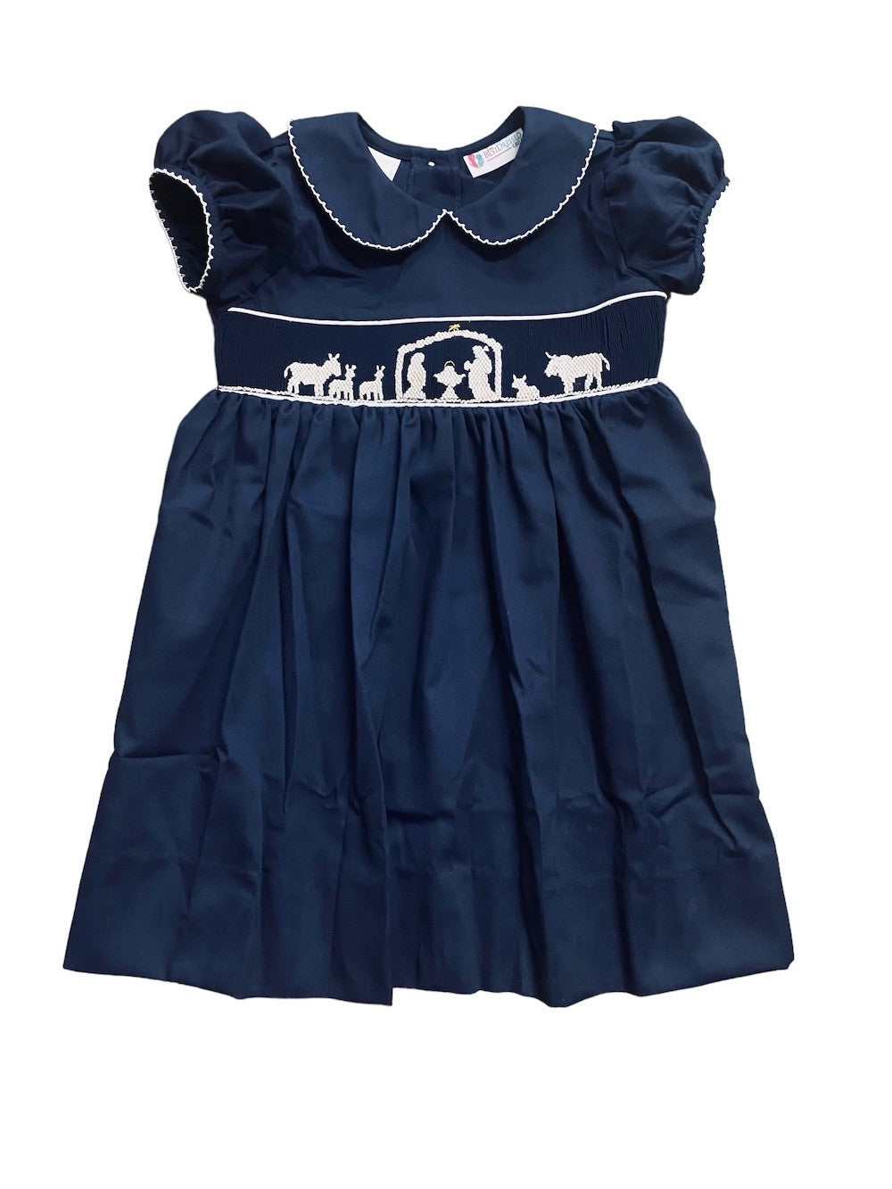 The Best Dressed Child Girls Navy Blue Smocked Nativity Waist Dress - Collar