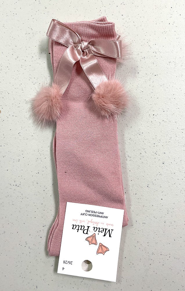 Meia Pata Girls Socks - Knee High - Satin Bow & Faux Fur Pom Poms - Pink