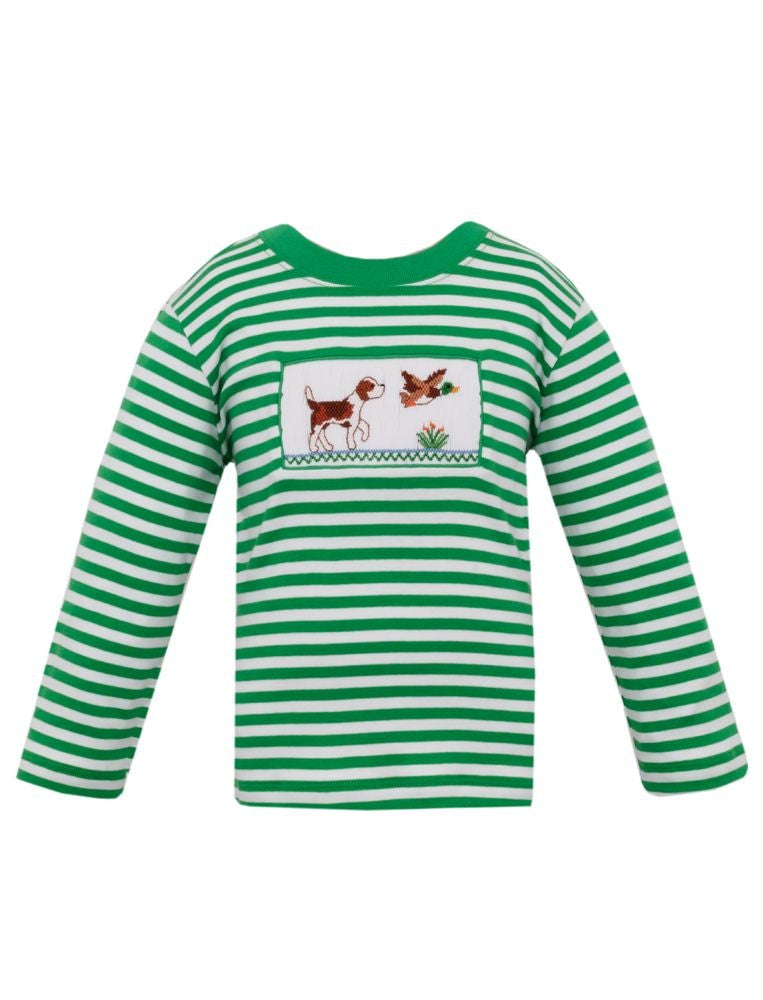Anavini Boys Green Striped Shirt - Smocked Dog with Mallard Duck by Anavini