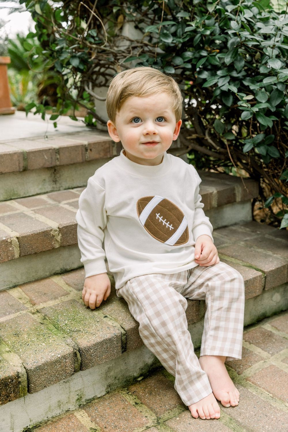 Bailey Boys Pants Set - Tan Checks with Applique Football Shirt