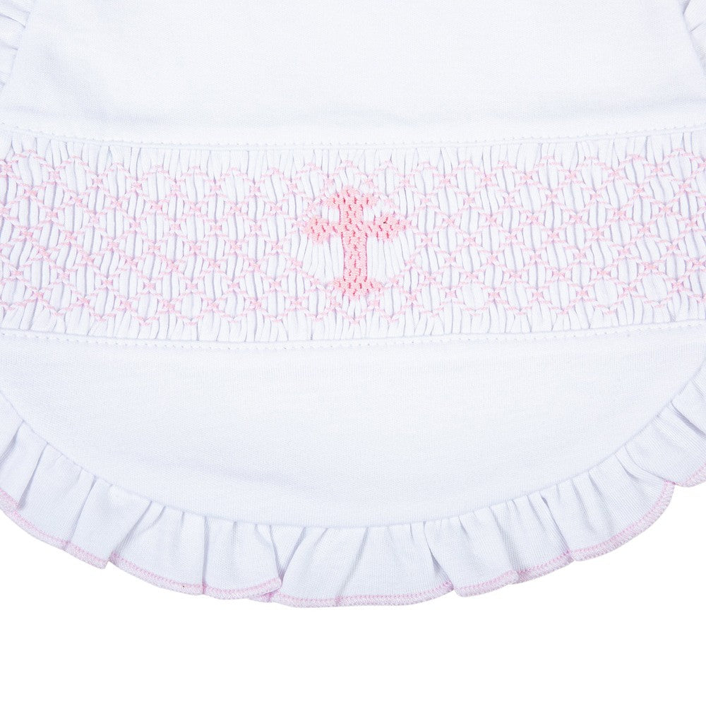 Magnolia Baby Girls Blessed Pink Smocked Cross Ruffle Bib