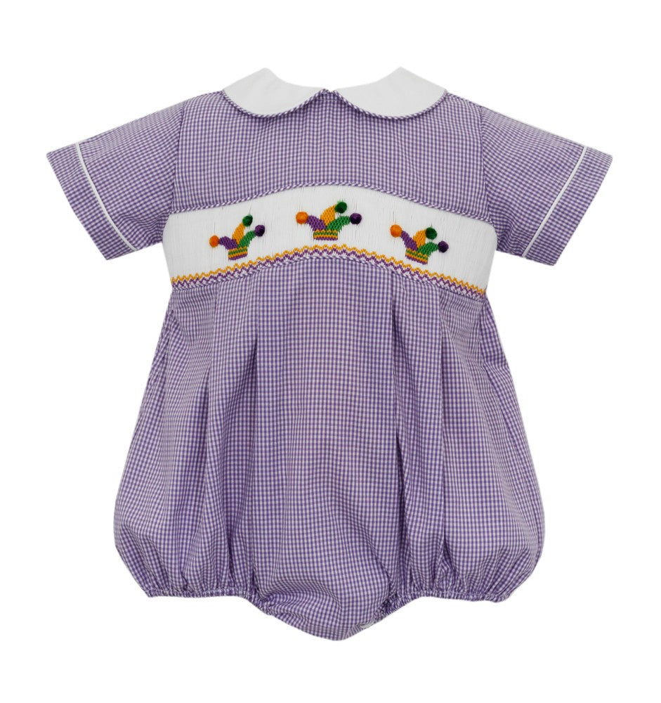 Petit Bebe Baby Boys Purple Gingham Smocked Mardi Gras Bubble