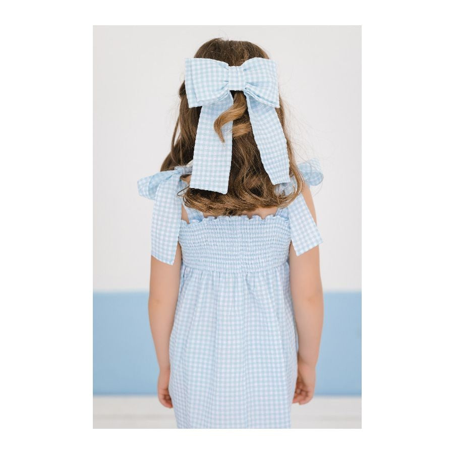 Sal & Pimenta Girls Smocked Dress with Ties - Capri Blue Gingham