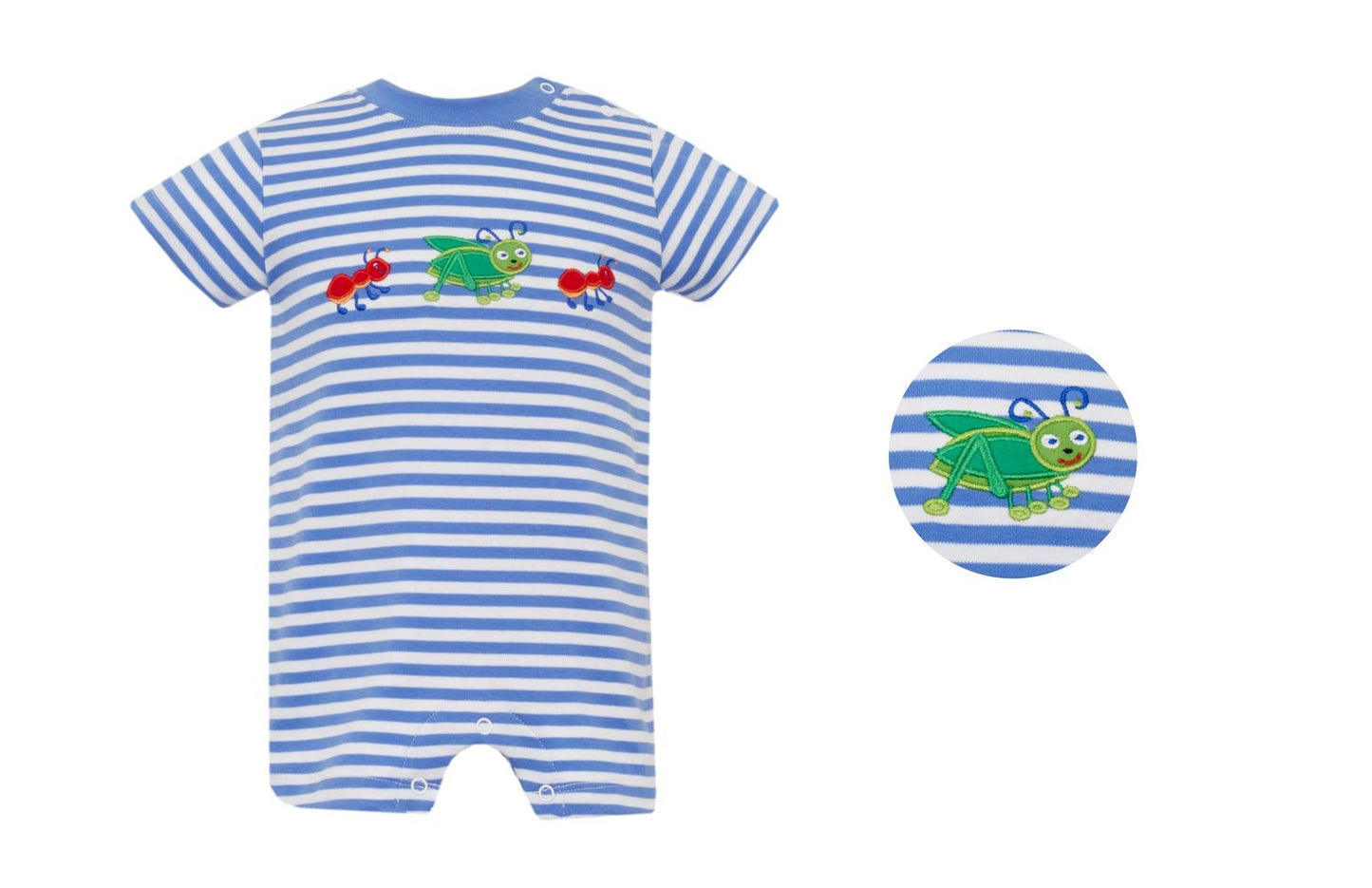 Claire & Charlie Baby Boys Periwinkle Blue Stripe Romper - Spring Bugs