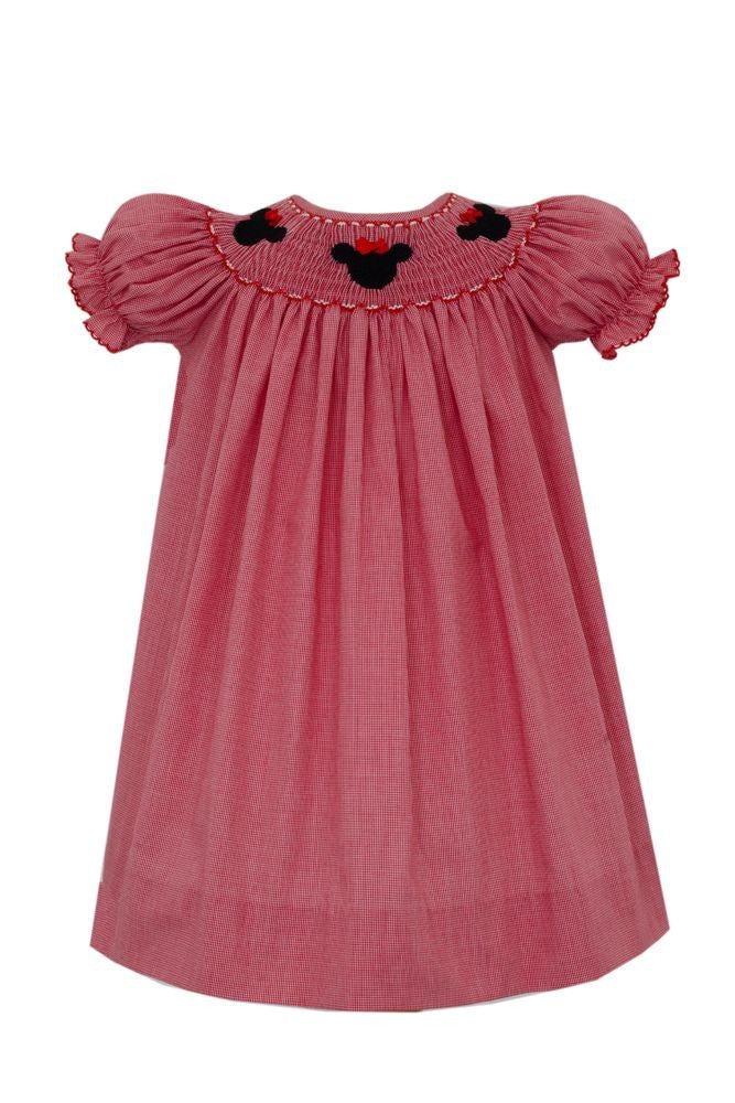 Anavini Girls Red Check Smocked Mouse Ears Dress - Bishop