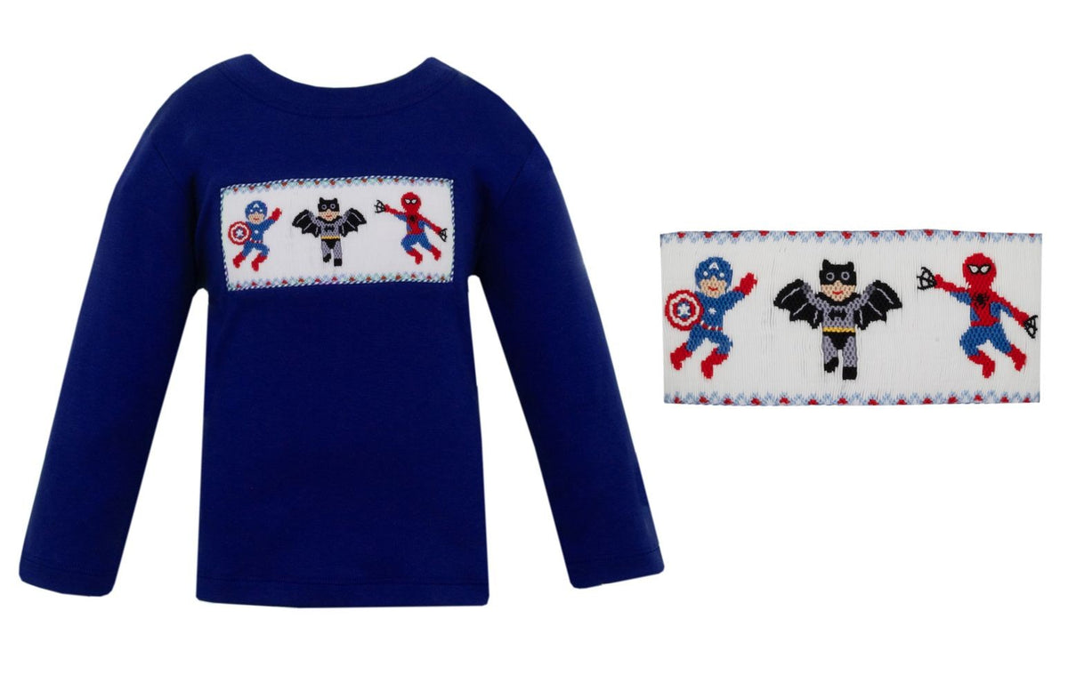 Anavini Velani Toddler Boys Royal Blue Shirt - Smocked Super Heroes