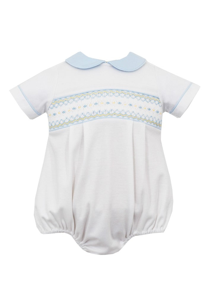Petit Bebe Knits Baby Boys Bubble - White - Smocked in Blue with Collar by Petit Bebe
