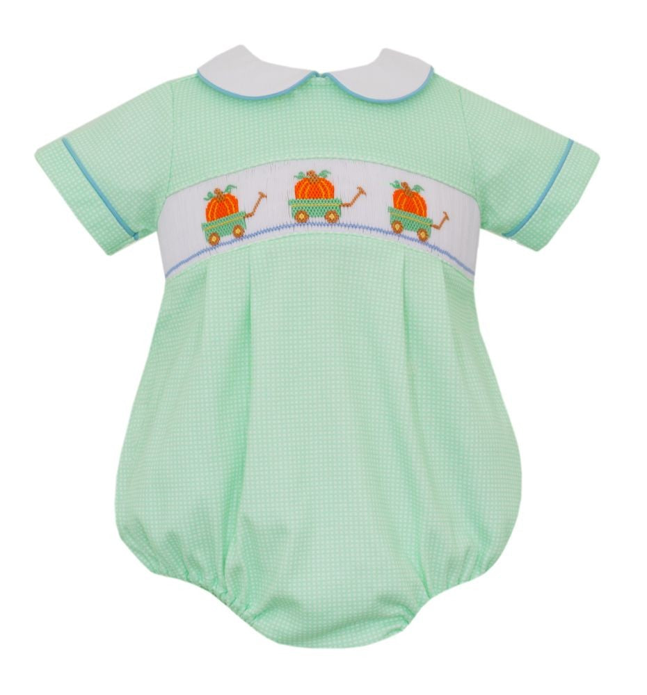 Petit Bebe Knits Baby Boys Green Check Bubble - Smocked Pumpkin Wagons by Petit Bebe