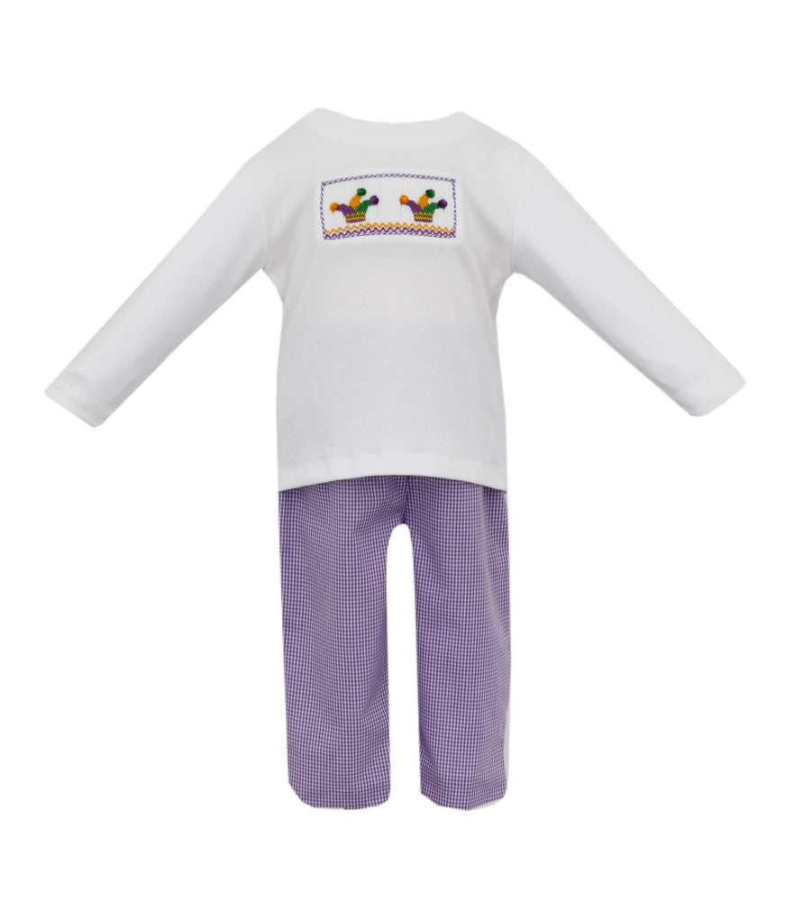 Petit Bebe Toddler Boys Purple Gingham Pants with Smocked Mardi Gras Shirt