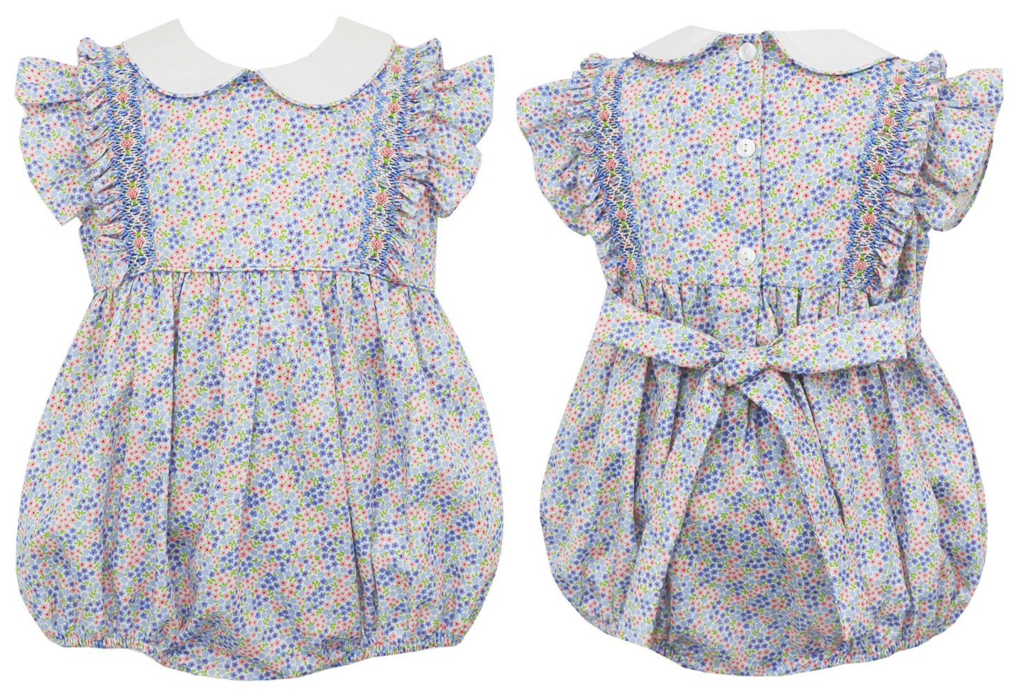 Claire & Charlie Baby Girls Blue & Pink Liberty Floral Smocked Ruffle Bubble by Claire & Charlie