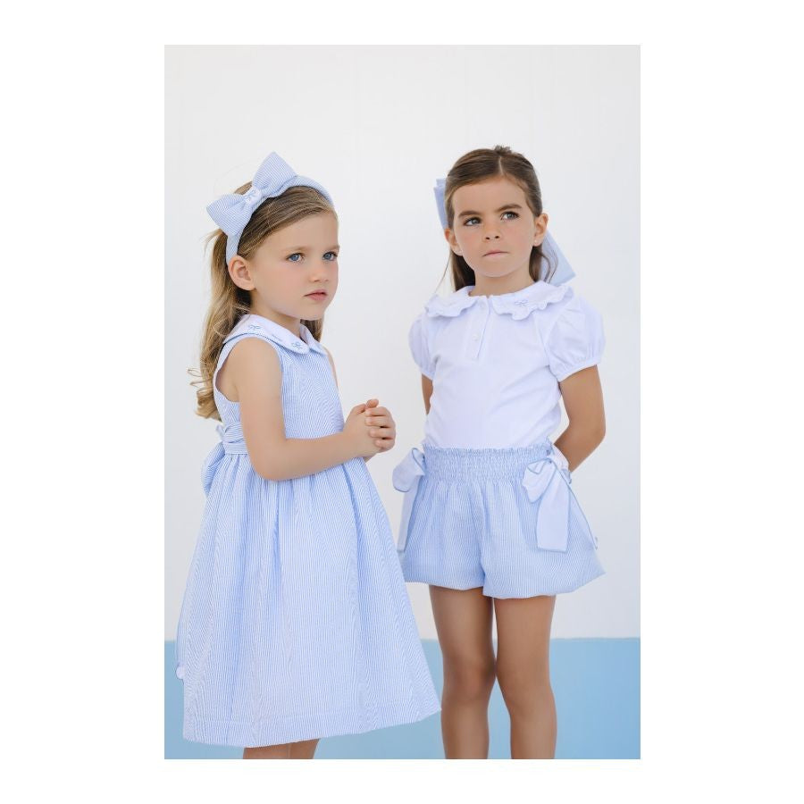 Sal & Pimenta Girls Blue Seersucker Sleeveless Dress - Embroidered Bows on Collar