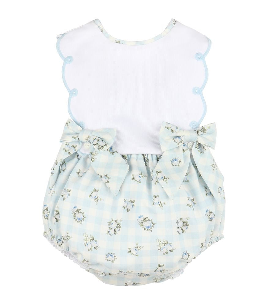 Sophie & Lucas Baby Girls Blue Check Floral Bubble with Bows