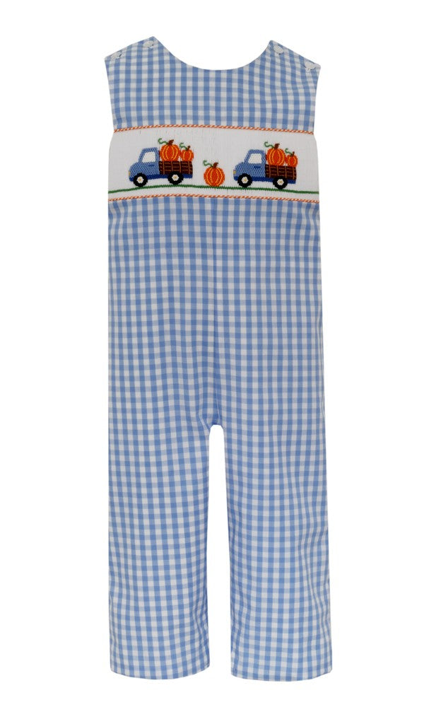 Anavini Boys Light Blue Gingham Longall - Smocked Pumpkin Trucks by Anavini