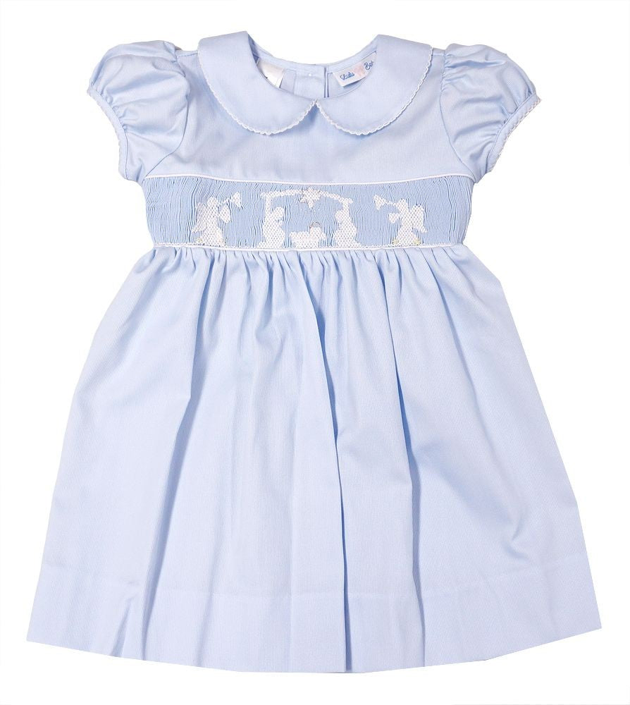 LuLu BeBe Girls Light Blue Smocked Nativity Scene Dress - Collar LuLu BeBe Girls Light Blue Smocked Nativity Scene Dress - Collar