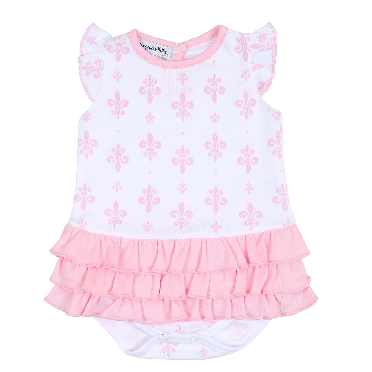 Magnolia Baby Girls Pink Fleur de Lis Printed Ruffle Flutters Bubble