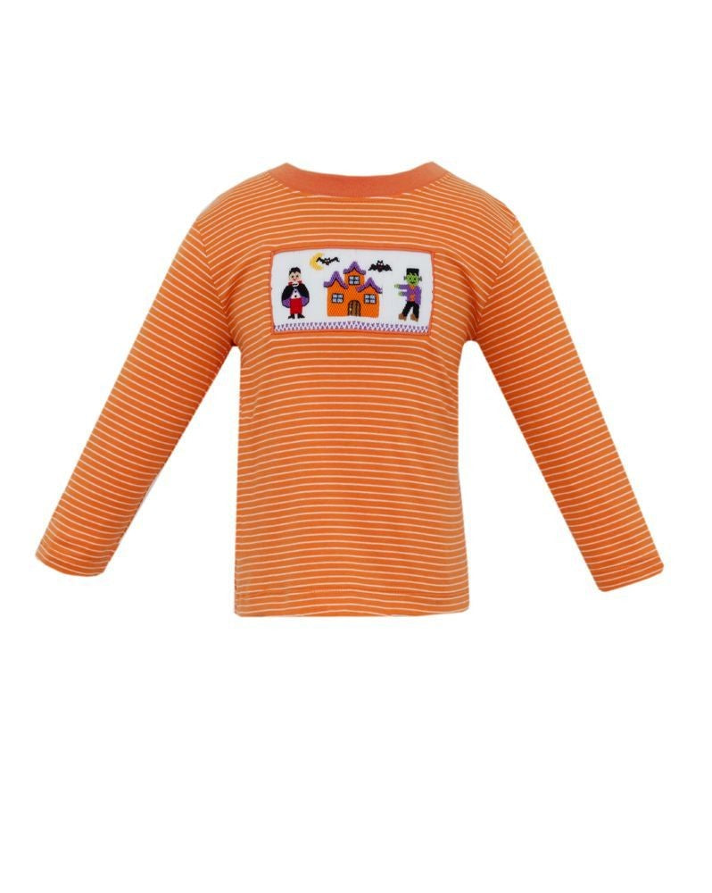 Anavini Velani Boys Orange Stripe Smocked Halloween Shirt