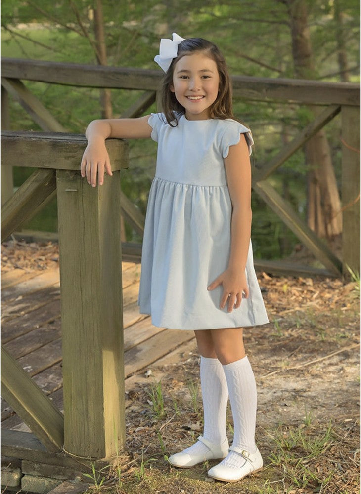 James & Lottie Girls Cord Sadie Scallop Cap Sleeve Dress - Light Blue by James & Lottie