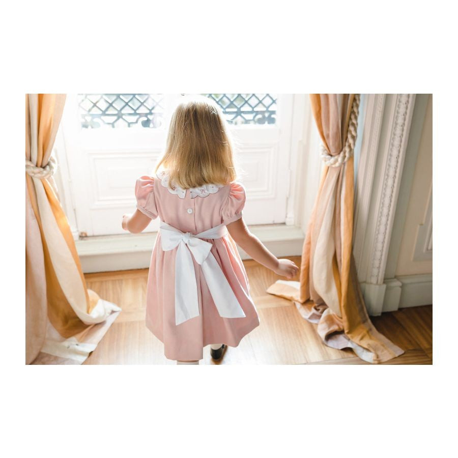 Sal & Pimenta Girls Corduroy Sash Dress - Embroidery Bows on Ruffle Collar - Pink by Sal & Pimenta