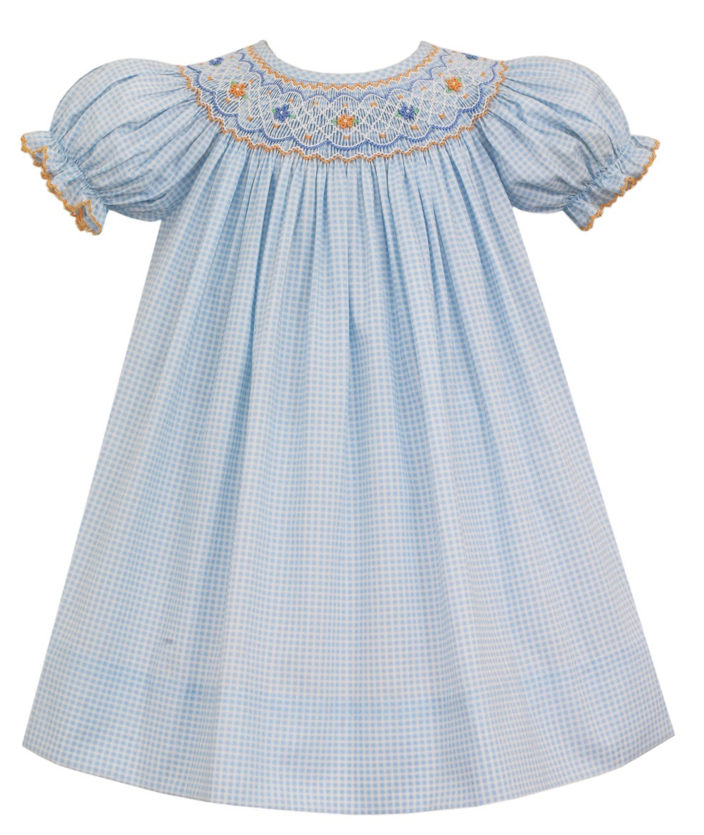 Petit Bebe Baby / Toddler Girls Smocked Bishop Dress - Light Blue Check Smocked in Coral
