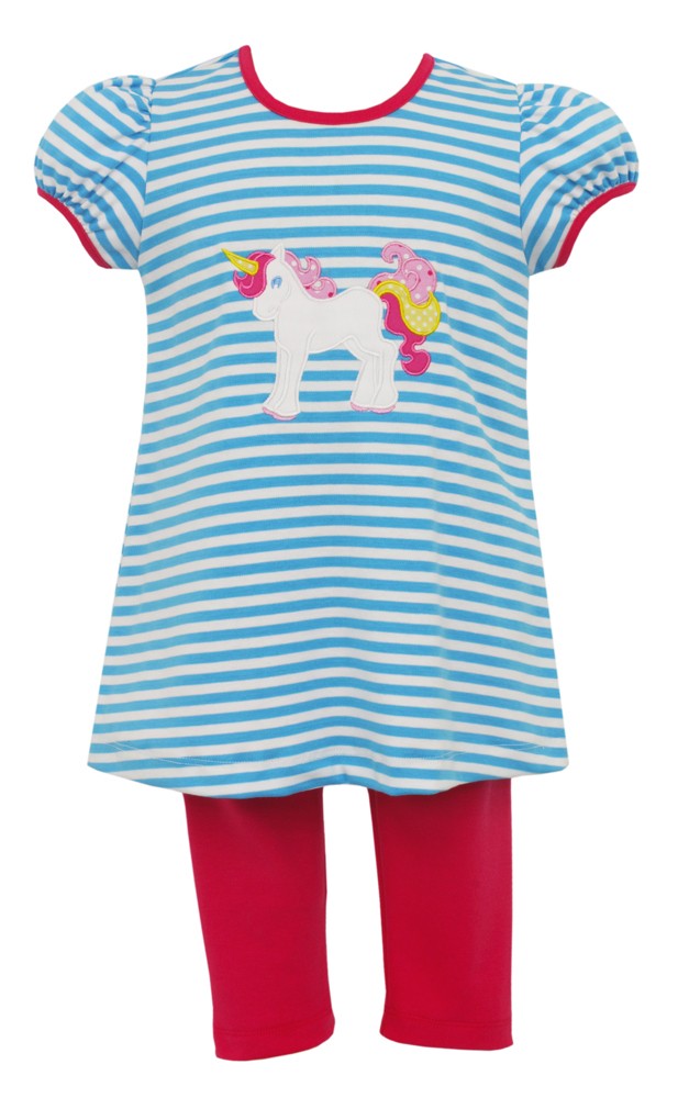 Claire & Charlie Girls Blue Unicorn Tunic with Hot Pink Leggings