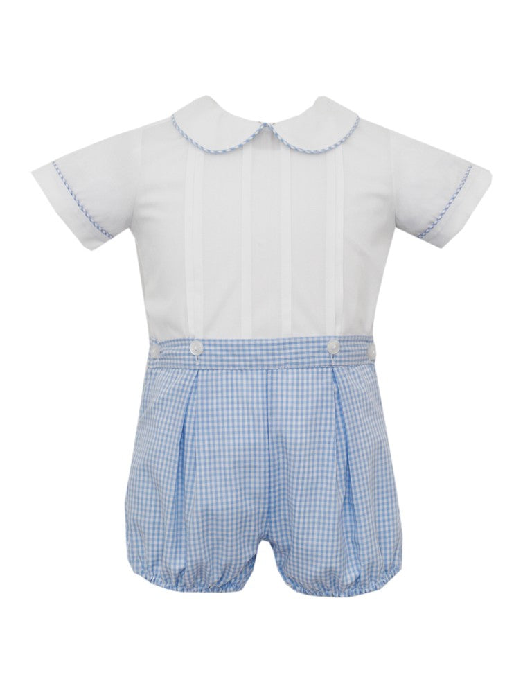 Anavini Couture Boys Blue Gingham Button On Shorts Set - White Top