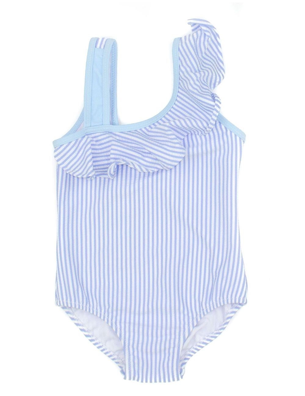 Properly Tied Girls Ally One Shoulder Swimsuit - Blue Seersucker