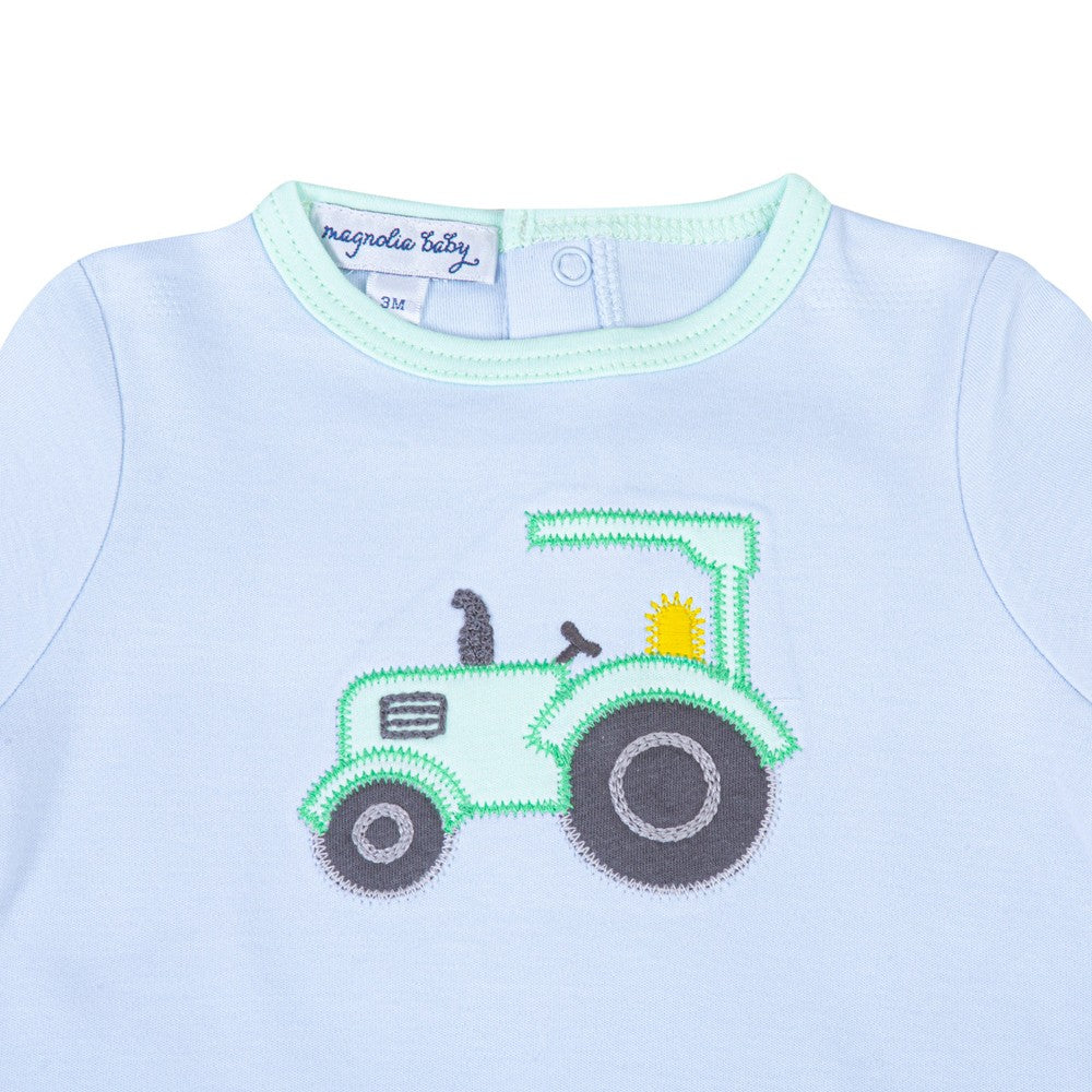 Magnolia Baby Boys Blue Tractor Time Applique Playsuit