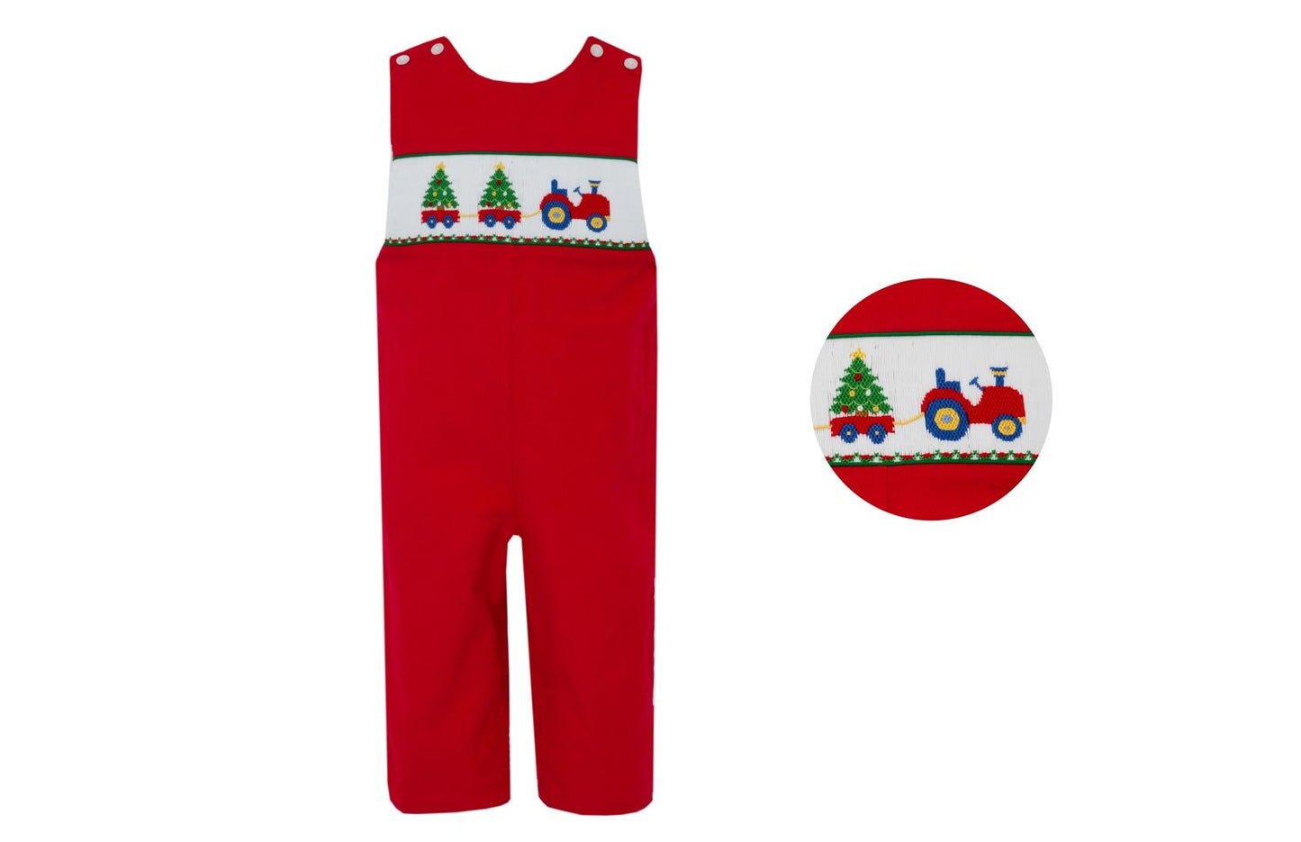 Anavini Boys Red Corduroy Longall - Smocked Christmas Tree Tractor