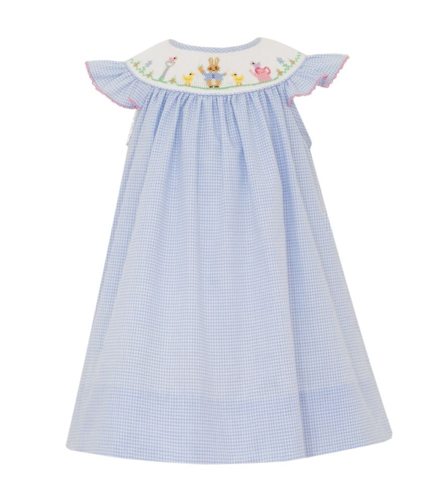 Petit Bebe Girls Blue Gingham Smocked Peter Rabbit Anglel Wing Bishop Dress
