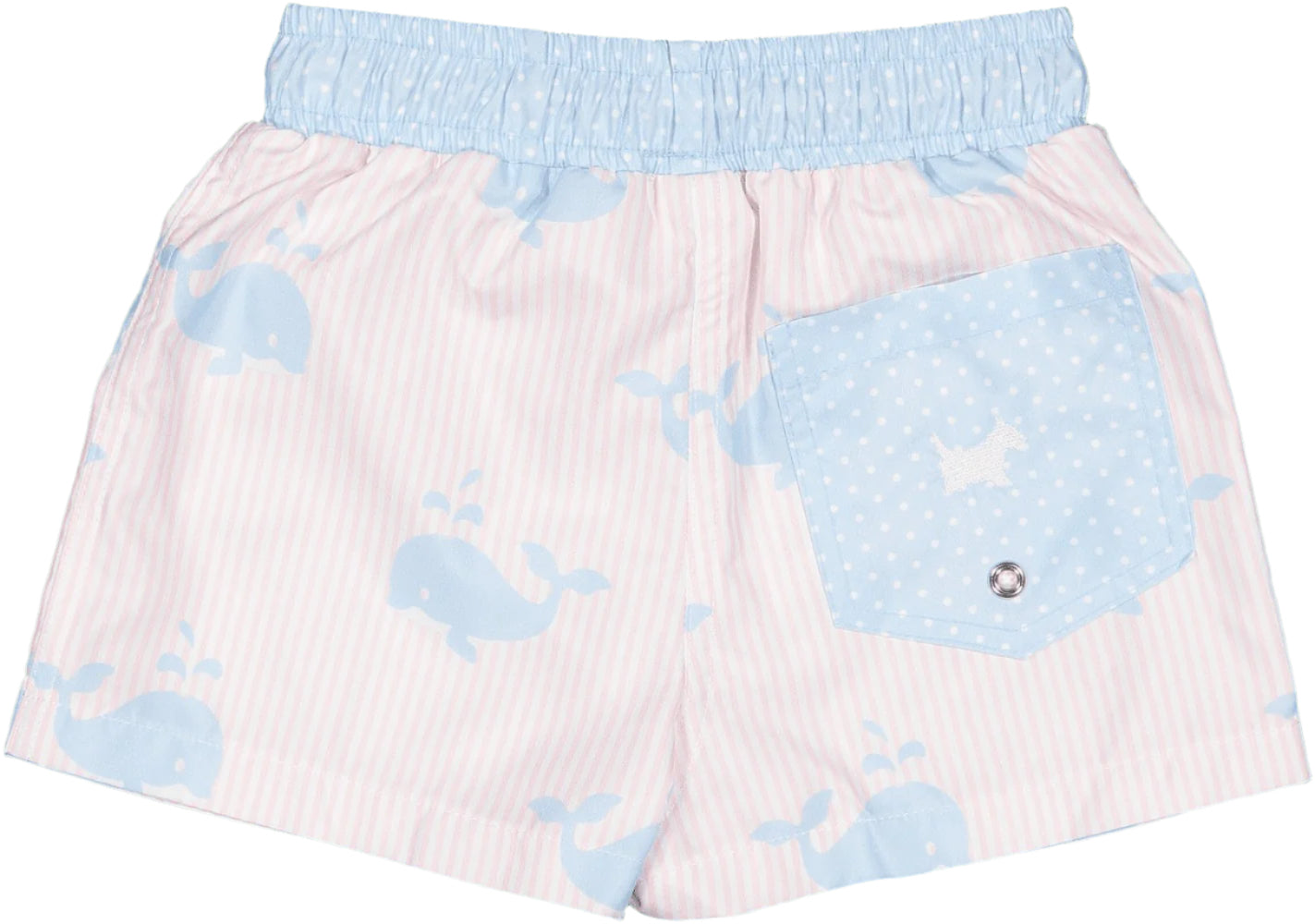 Sal & Pimenta Boys Swim Trunks - Think Big Pink with Blue Whales - Pocket on Back