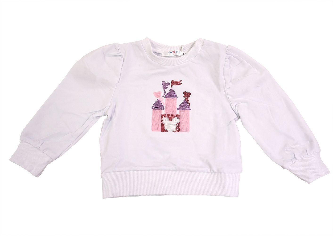 LuLu BeBe Girls Sequins Mouse Castle Puff Sleeve Top - White with Long Sleeves