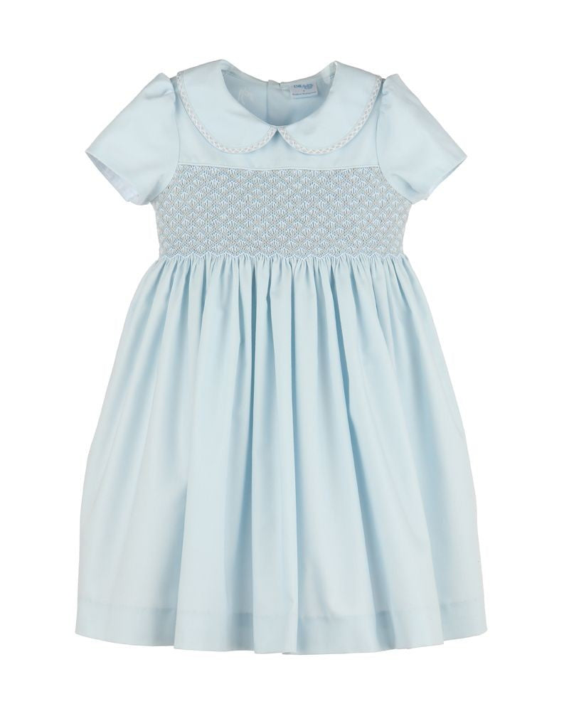 Luli & Me Girls Classic Blue Dress - Fully Smocked Bodice - Peter Pan Collar