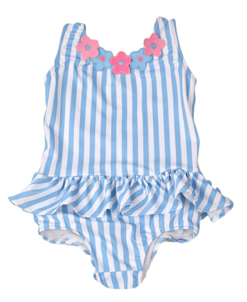 Funtasia Too Girls Blue Striped Swimsuit - Applique Pink Flowers