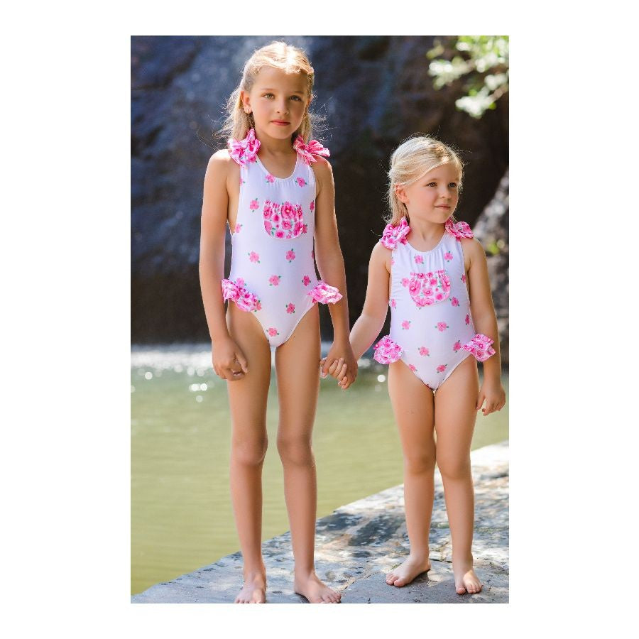 Sal & Pimenta Girls Pink Mix & Match Floral Swimsuit - Bows at Shoulders by Sal & Pimenta