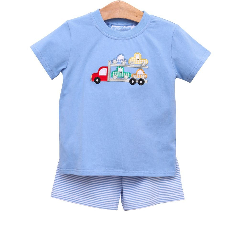 Trotter Street Kids Boys Blue Car Hauler Shorts Set