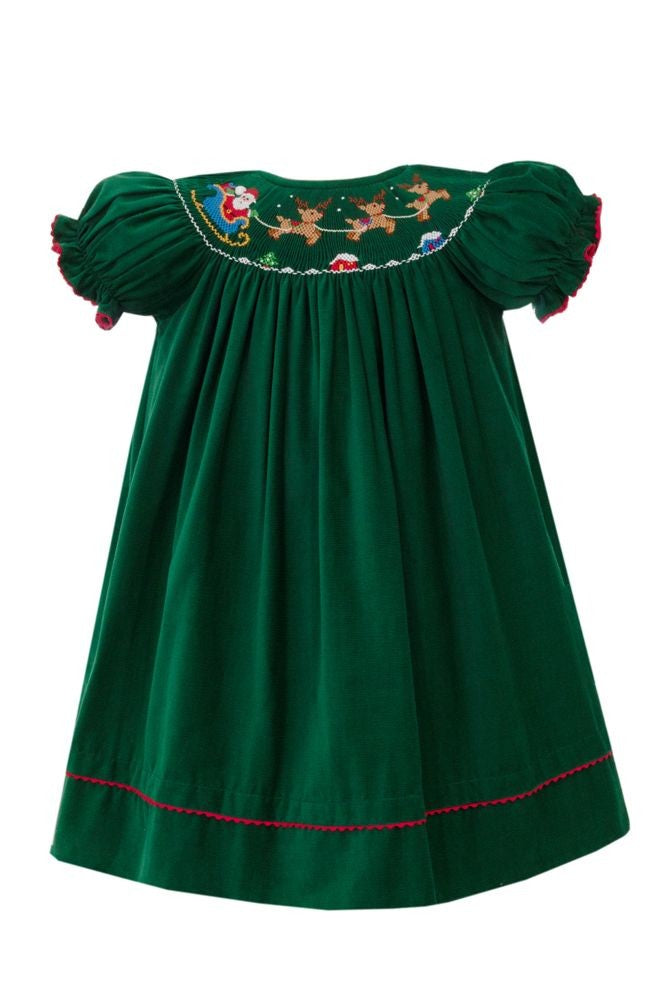 Anavini Girls Green Corduroy Bishop Dress - Smocked Santa's Sleigh