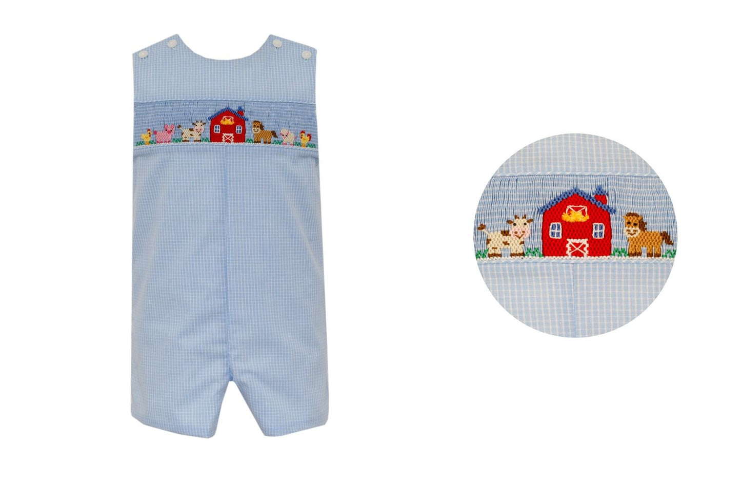 Petit Bebe Boys Blue Check Jon Jon - Smocked Farm Scene by Petit Bebe