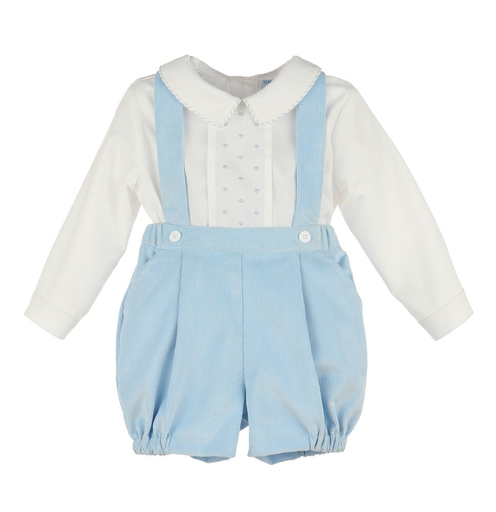 Luli & Me Baby Boys Light Blue Cord Suspender Set - Embroidered Shirt