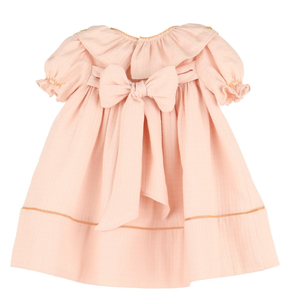 Sophie & Lucas Girls Pumpkin Embroidery Ruffle Dress - Peach
