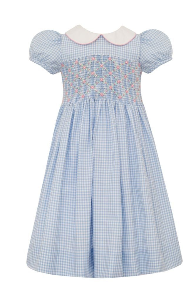 Anavini Couture Girls Blue Gingham Dress with Collar - Smocked in Pink by Anavini