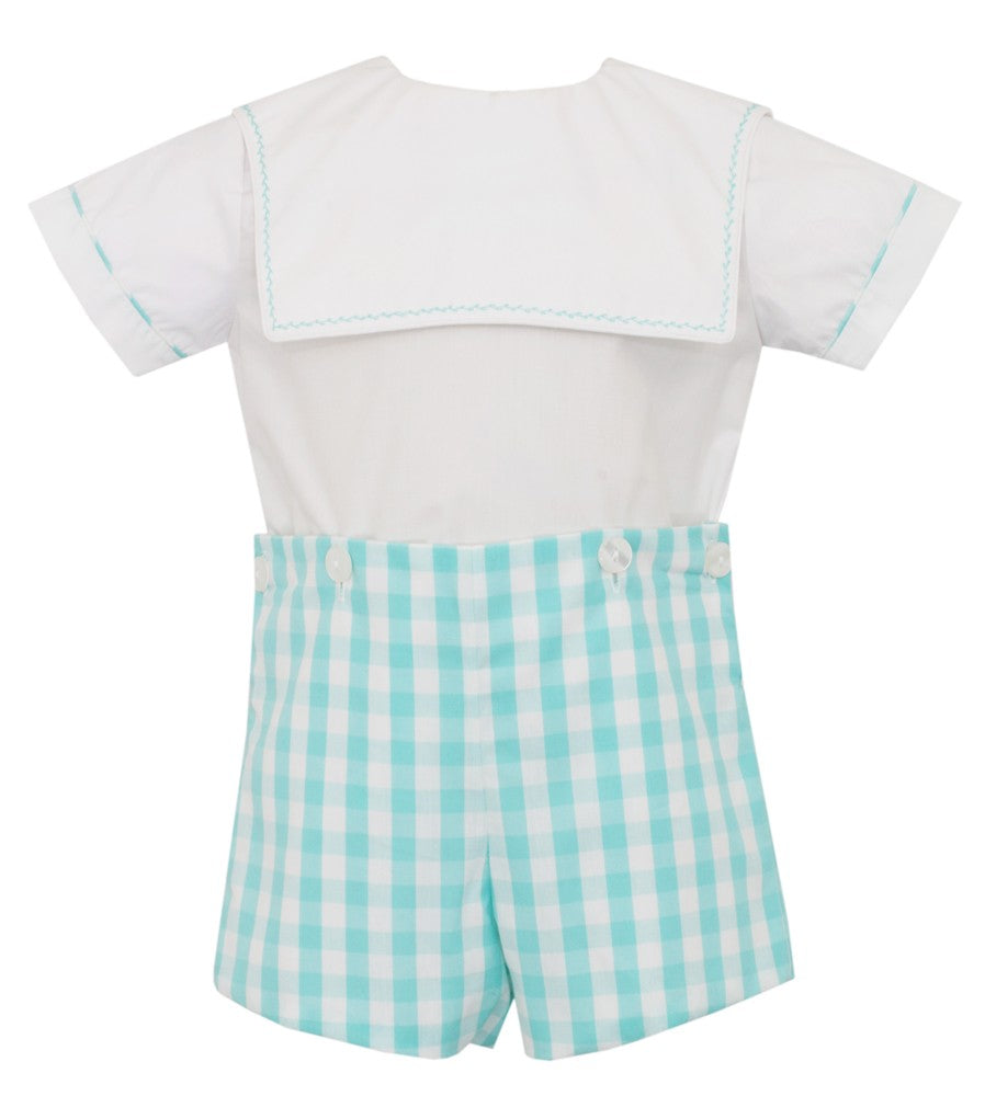 Claire & Charlie Baby / Toddler Boys Aqua Check Sailor Collar Button On Shorts Set by Claire & Charlie