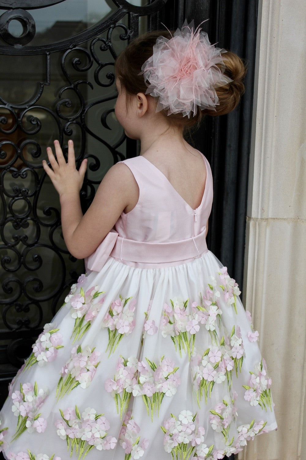 Susanne Lively Girls Pink / Green Petals Bouquet Dress with Sash
