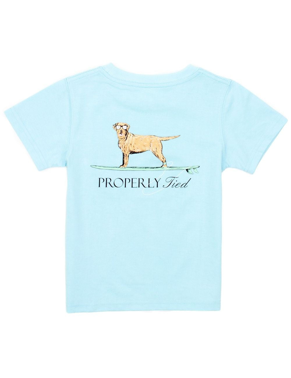 Properly Tied T-Shirt - Logo Pocket on Front - Graphic on Back - Wave Rider Dog on Powder Blue by Properly Tied