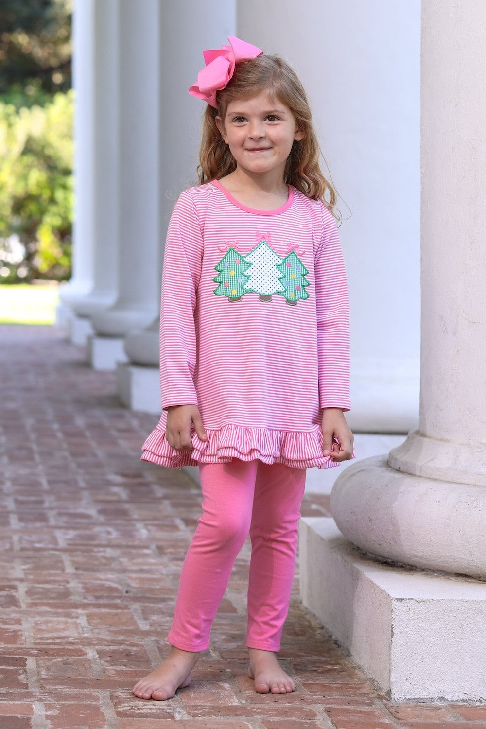 Trotter Street Kids Girls Pink Christmas Tree Ruffle Top with Leggings