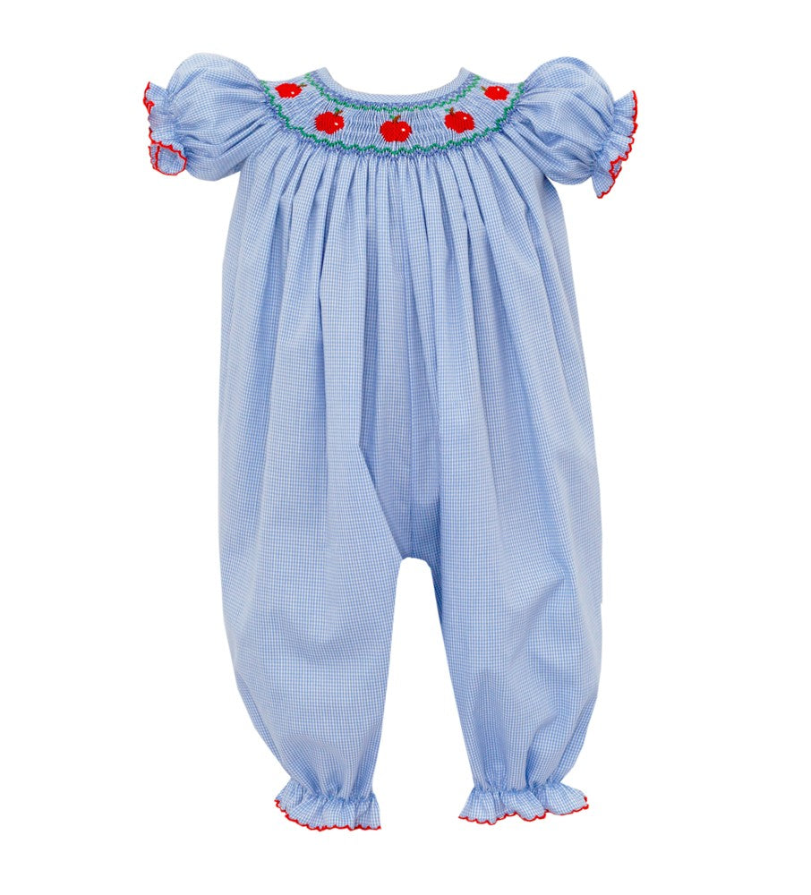 Petit Bebe Baby Girls Blue Check Romper - Smocked Apples