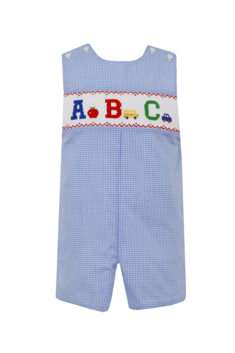 Anavini Velani Toddler Boys Blue Gingham Jon Jon - Smocked ABC School Theme by Anavini