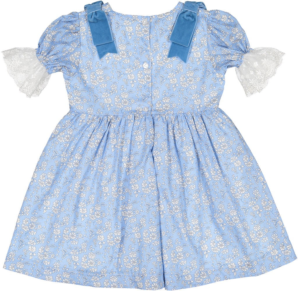 Sal & Pimenta Girls Dress - Icy Blue Liberty Flowers - Bows on Shoulders by Sal & Pimenta