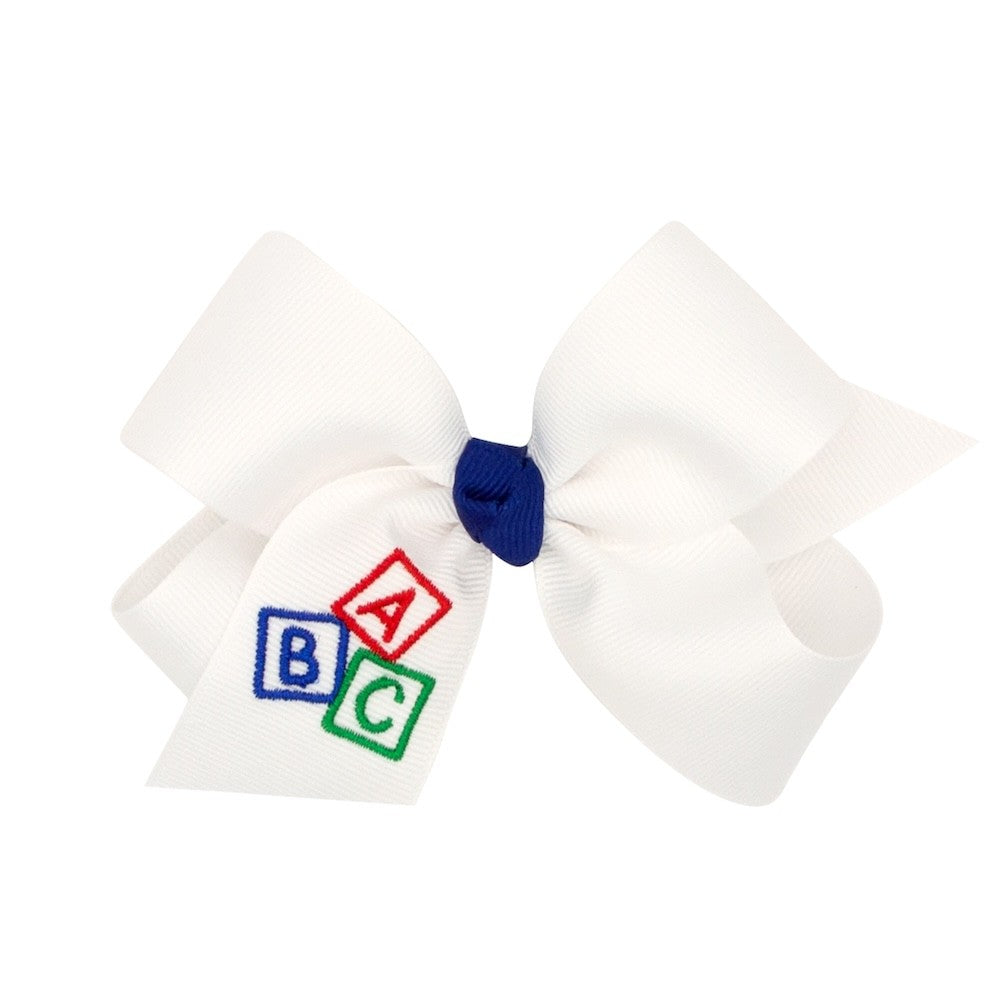 Wee Ones Girls Hair Bow on Clip - White with Embroidery ABC Blocks