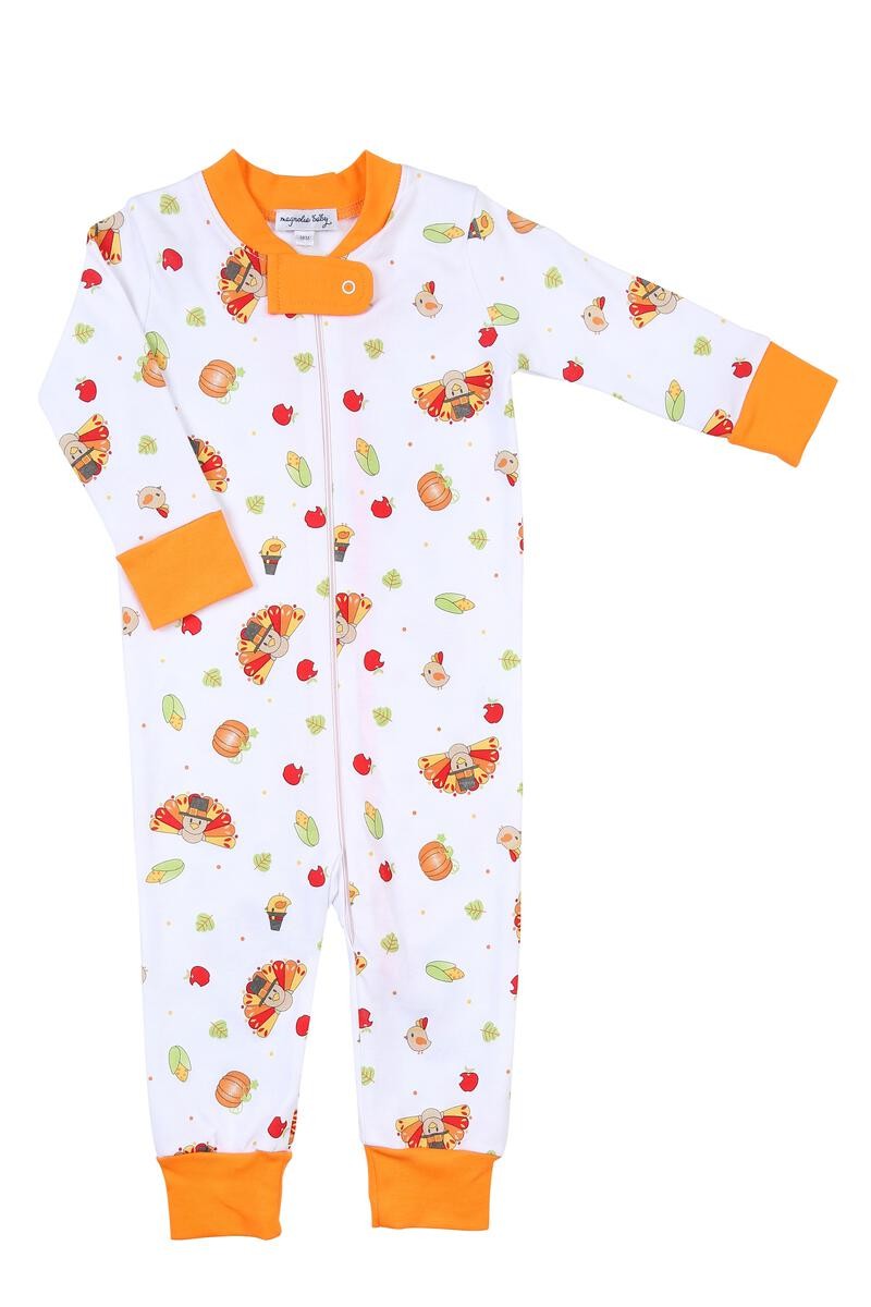 Magnolia Baby Boys / Girls Fall Harvest Thanksgiving Turkeys Zipped Pajamas